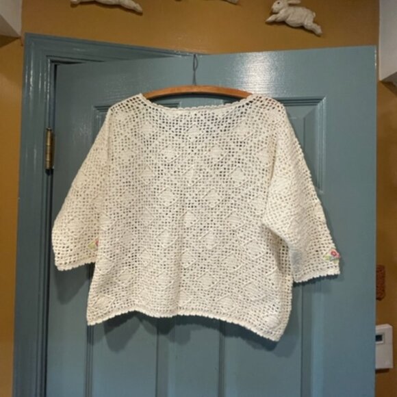 Knitted vintage top, boho, charming, white/floral, L, never worn - Picture 2 of 4